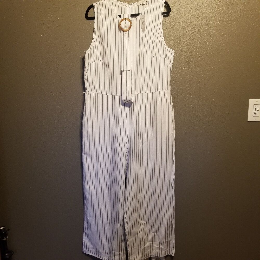 LOFT 14 Jumpsuit Linen Blend Belted White Striped Wide Leg Coastal Lagenlook